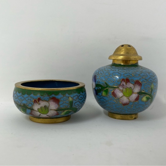 Vintage Cloisonne Salt Cellar and Pepper shaker Set - Picture 2 of 7
